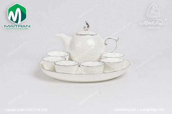 Bộ trà gốm sứ Minh Long Sen IFP chỉ bạch kim 0.3L