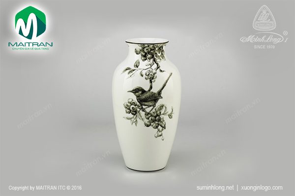 Bình hoa gốm sứ Minh Long Chích Chòe & Việt Quất trắng đen